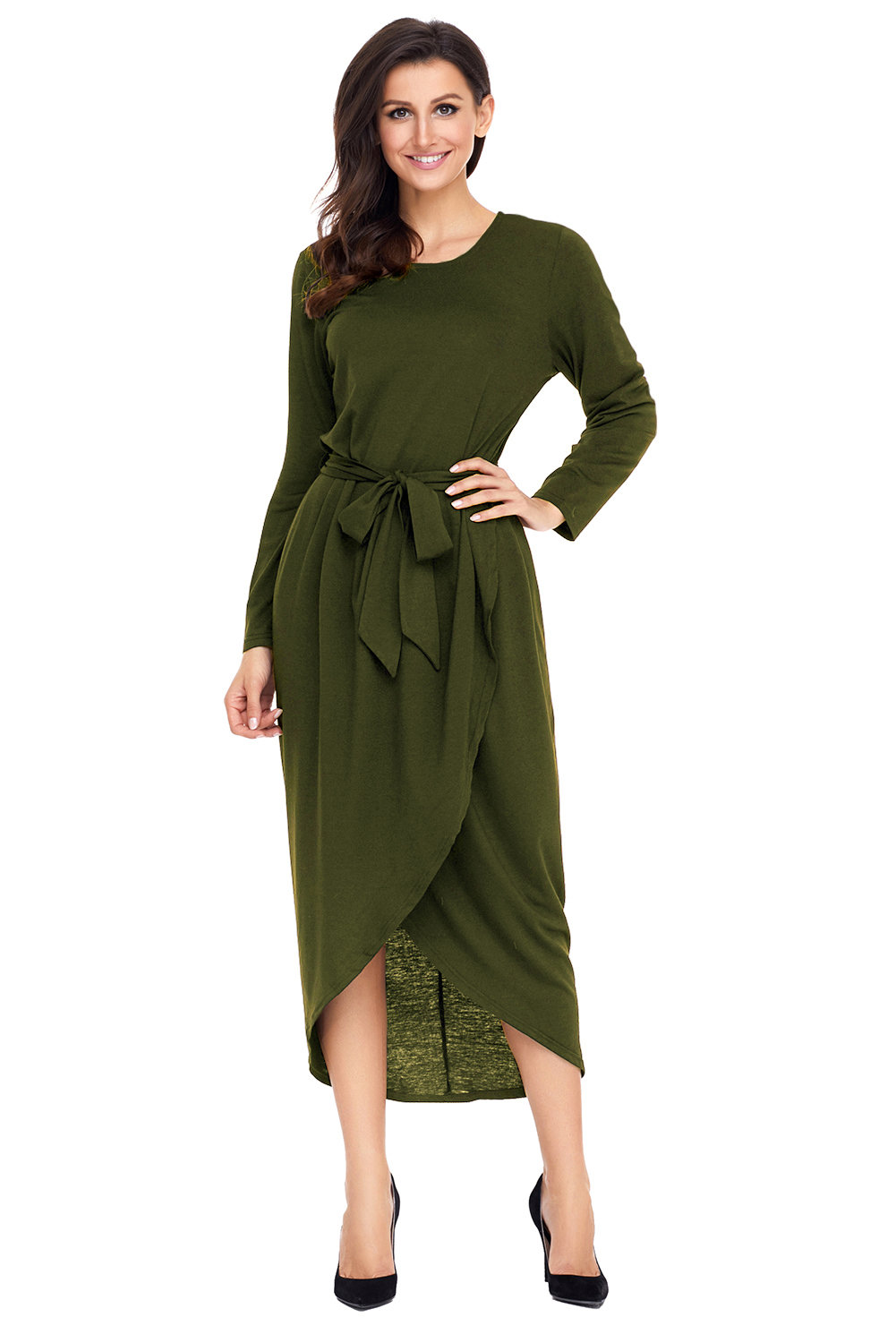 BY61818-9 Olive Tulip Faux Wrap Sash Tie Jersey Dress